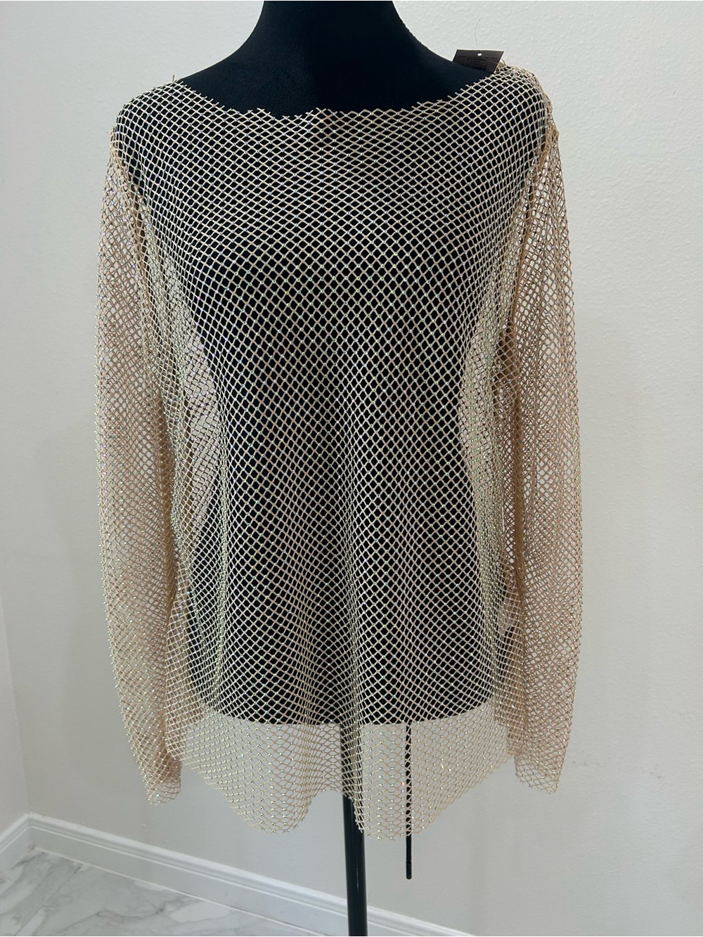 DAVI & DANI Sheer Beige Open-Knit Long Sleeve Top